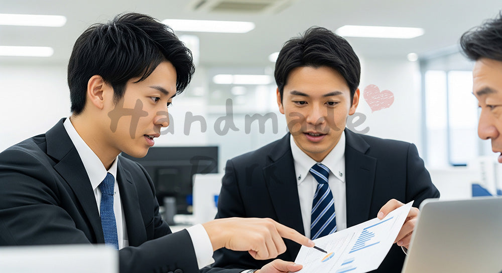 フリー素材 無料 写真｜採用向け 日本人若手営業が先輩と資料確認する学びが見えるオフィス写真 シーン｜LP・バナーに使いやすい