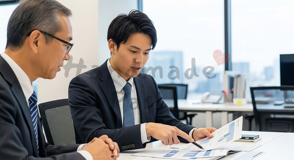 フリー素材 無料 写真|採用向け 日本人若手営業が先輩と資料確認する学びが見えるオフィス写真|特集ページの見出しに便利