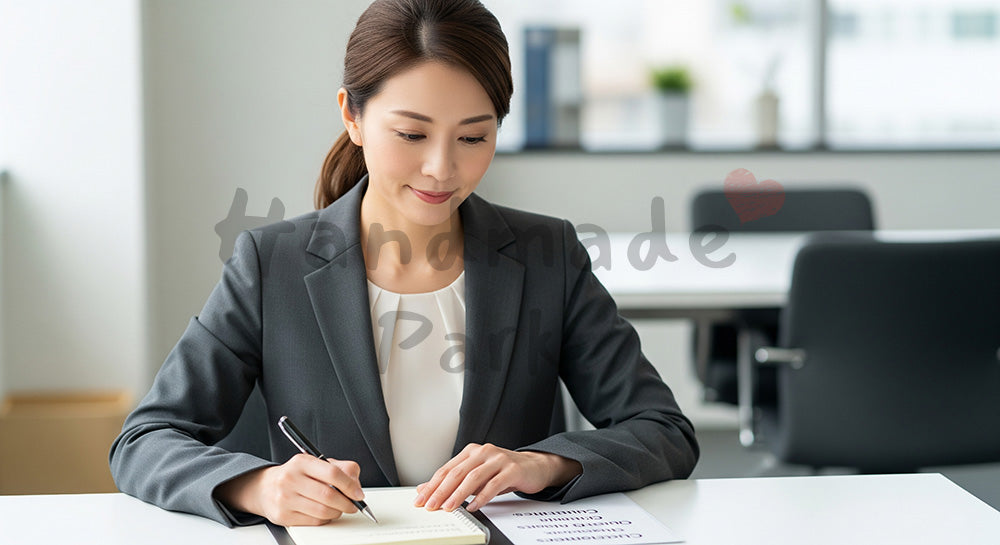 フリー素材 無料 写真｜採用向け 日本人ベテラン女性営業が戦略を考える落ち着いたオフィス写真｜記事・スライドの差し込みに