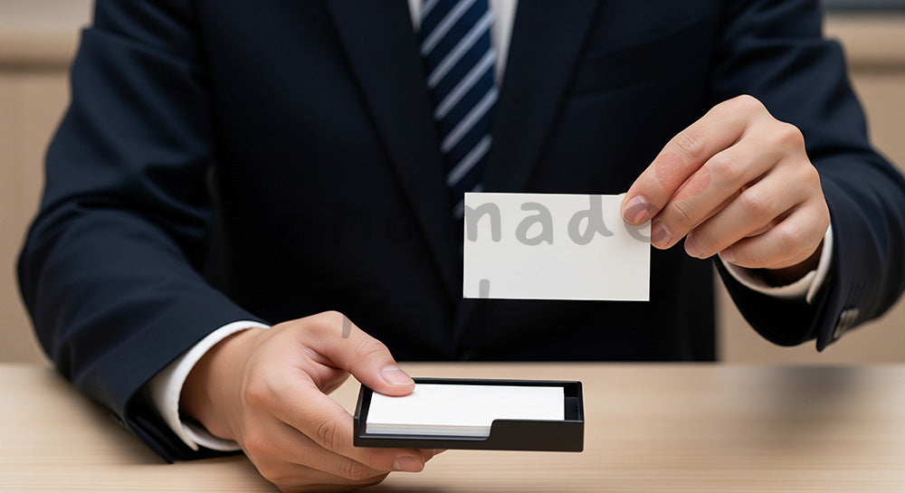 フリー素材 無料 写真｜顔出しなしで使える 日本の営業準備 名刺入れから名刺を出す手元クローズアップ｜記事・スライドの差し込みに